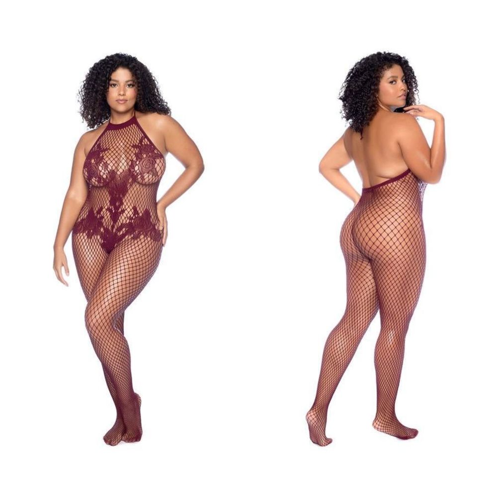 Mapale 1116X Halter And Crotchless Floral Bodystocking Color Cherry